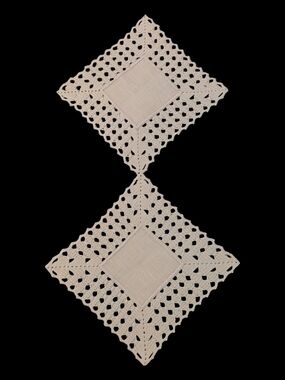 VTG Handmade Pair Beige Square Or Diamond Shaped Crocheted Doilies 9.5"